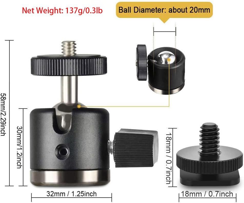 UTEBIT Mini Ball Head, Tripod Head with 1/4" hot Shoe, 360° Rotatable Ball Heads Camera Mount Adapter, Aluminium 20mm Ballhead Compatible
