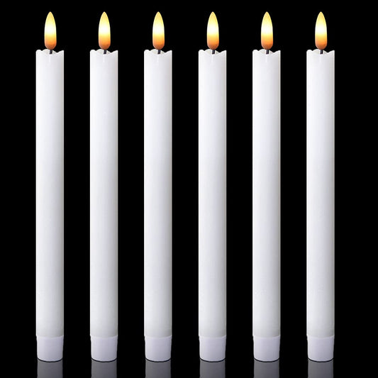 DRomance White Flameless Taper Candles Battery Operated with 6H Timer, Real Wax 3D Wick Flickering LED Taper Candles Dinner Wedding Holiday Decor(6