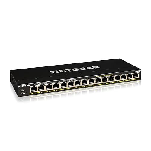 NETGEAR 16-Port PoE+ Gigabit Ethernet Unmanaged Essentials Switch (GS316P) - with 16 x PoE+ @ 115W, Desktop or Wall Mount