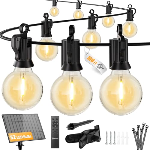 Brightown 108FT 52LED Solar String Lights Outdoor with Remote & USB Port, Shatterproof Bulbs, Dimmable & Timable, 3 Modes, Patio Lights Solar Powered