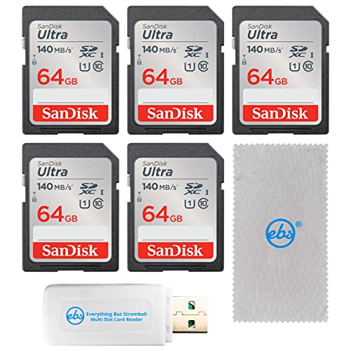 SanDisk 64GB SD Card 5 Pack SD Ultra UHS-I Class 10 (SDSDUNB-064G-GN6IN) Bundle with (1) Everything But Stromboli SDXC & MicroSD Memory Card Reader