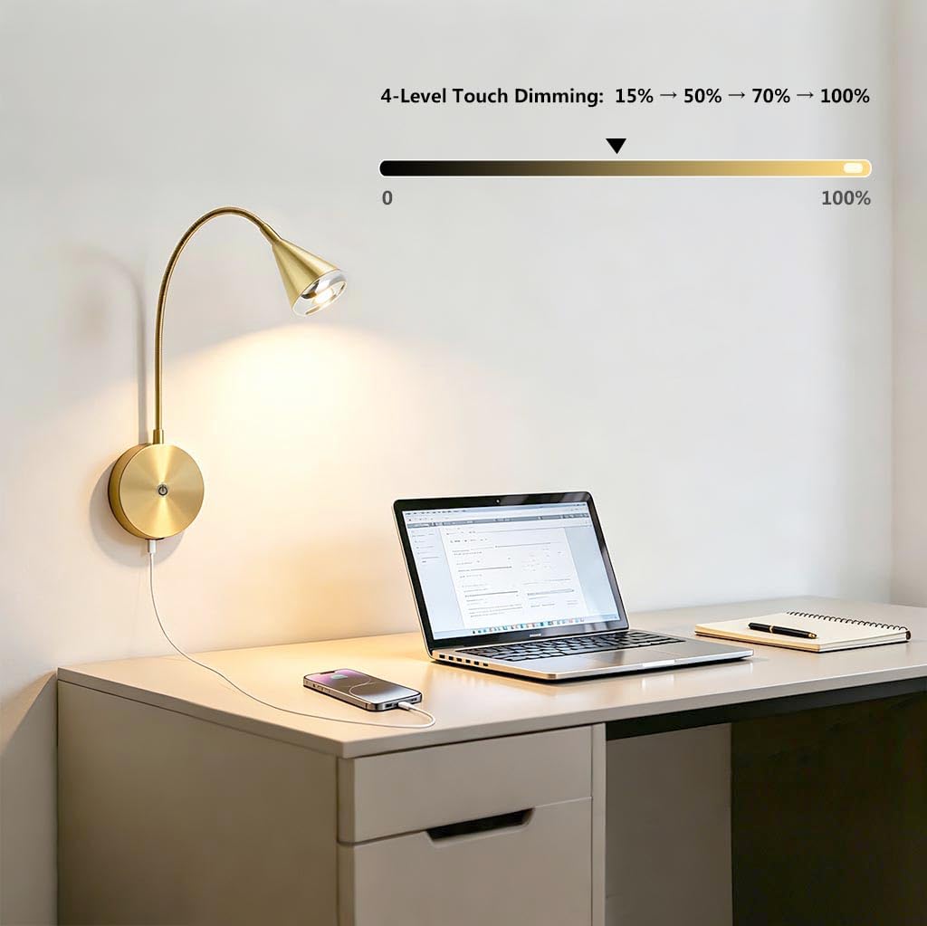 HomeFocus Wall Light,LED Wall Lamp,Eye-Caring Bedside Reading Wall Light,Gold