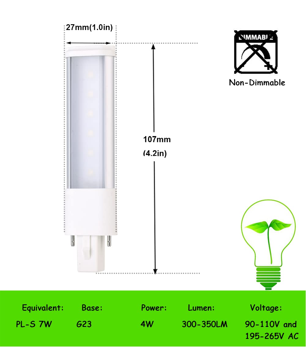 E-Simpo 2pcs L135mm/5.3" 2-Pack 4W G23 Bulb 2-Pin Plug-in Horizontal Retrofit Lamp CFL PLS-7W Replacement 110V 220V 180° View Angle Recessed Down Bulb