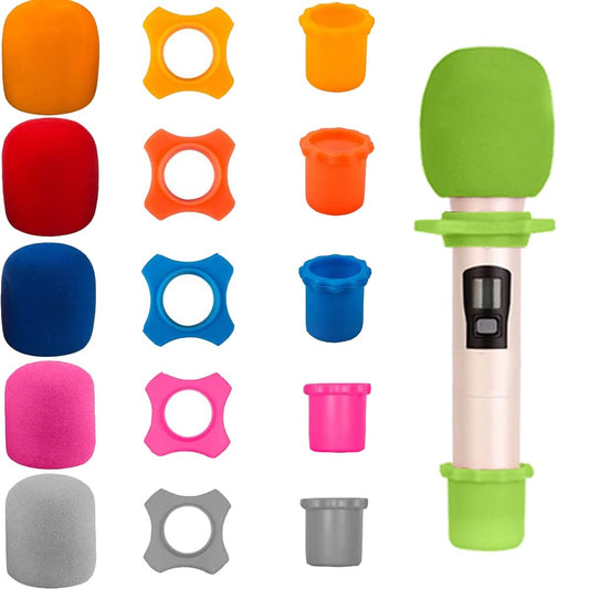 Qtopun 6 Set Microphone Protection Foam, 6 Shakeproof Anti-Rolling Wireless Handheld Microphone Windscreen Foam Cover 6 Protection Silicone Ring 6
