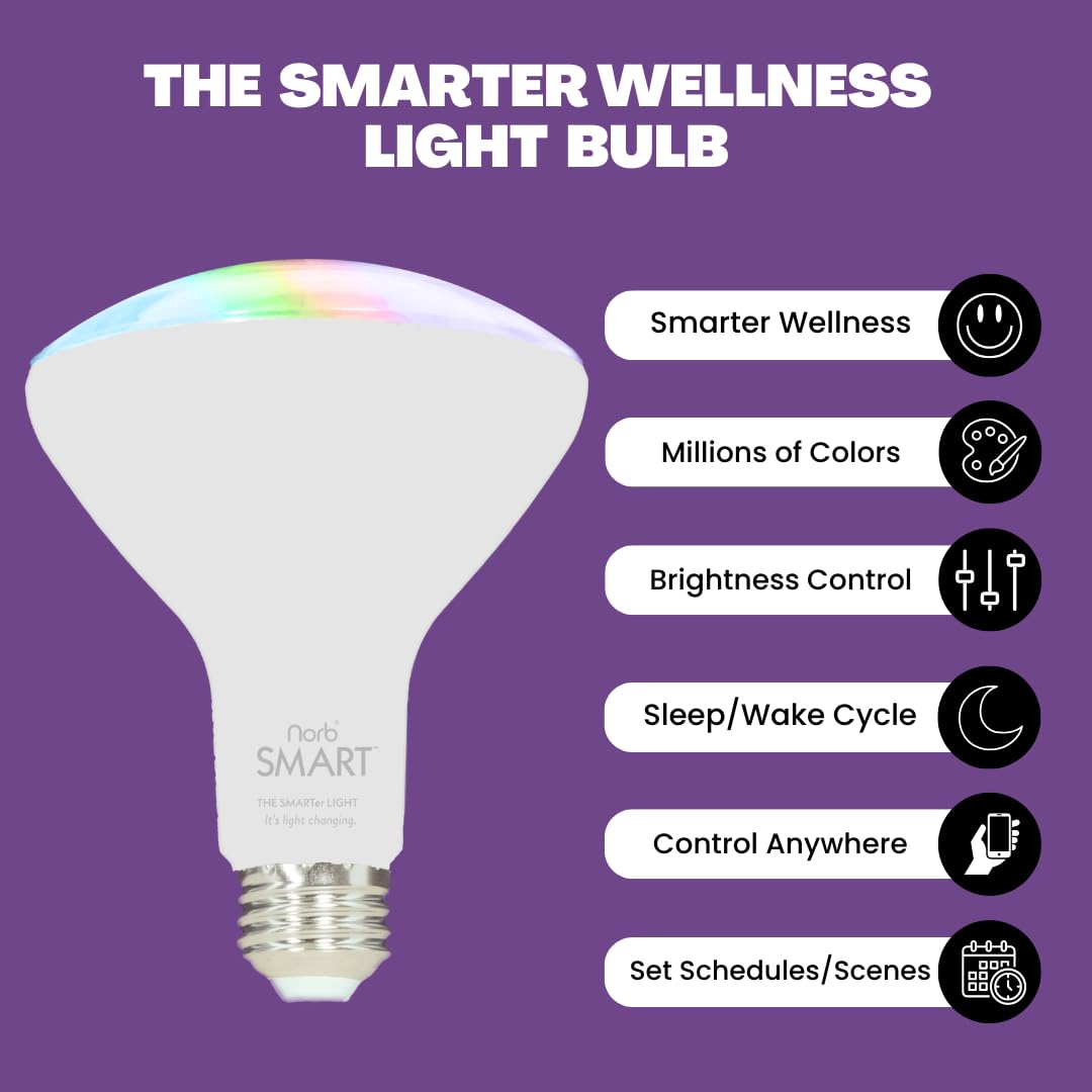 NorbSMART - Circadian Rhythm Supporting Tunable LED w/NorbSMILE, Sleep, Relief, Cozy, and Custom Colors in One Bulb. WiFi Enabled App