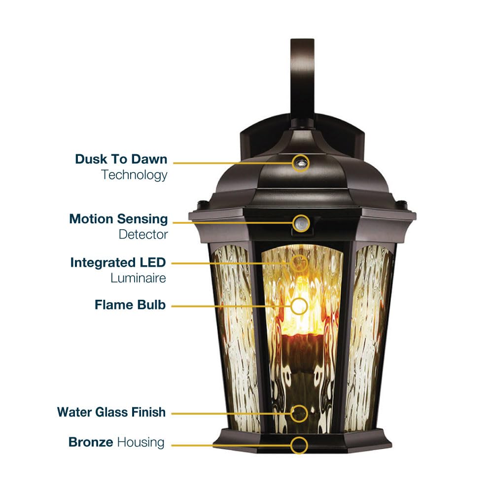 Euri Lighting EFL-130W-MD Flickering Flame Porch Light, Water Glass, with Integrated Security Light (3000K), Motion-Sensor, Dusk-to-Dawn, Oil Rubbed