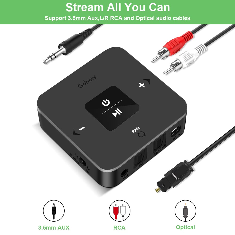 Golvery Bluetooth 5.0 Transmitter Receiver for TV Airplane, 2 in 1 Bluetooth Adapter for PC/DVD/MP3/Home Stereo/Speaker/Gym, Optical/RCA/AUX