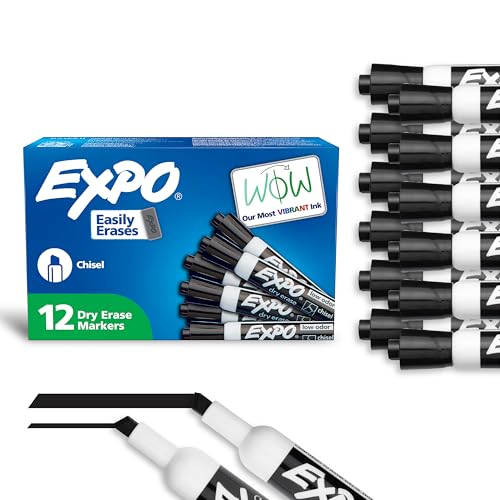 EXPO Dry Erase Markers, Low Odor Ink, Black, Chisel Tip, 12 Count - Whiteboard, Calendar, Organization, Essential Supplies for Office, School