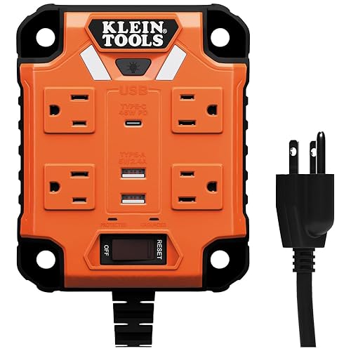 Klein Tools 29601 Magnetic Power Strip with Surge Protector, Extension Cord, 4 Outlets, 3 USB Ports, 5-Foot Cord, Power Supply Box with Light