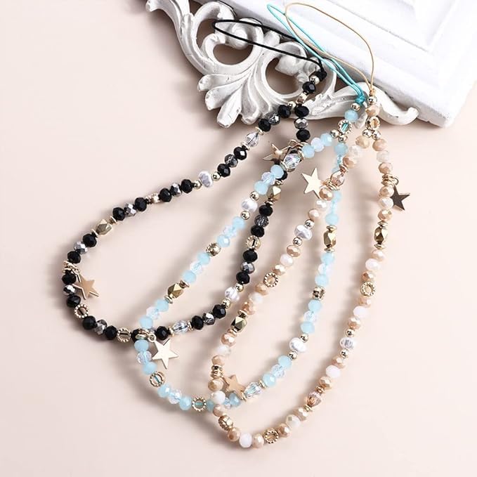 DPWOUM 1Pc Blue Beaded Five-Pointed Star Pendant Beaded Phone Chain Bracelet Wrist Lanyard,Cute Camera Charm Strap Bag Accessories for Women