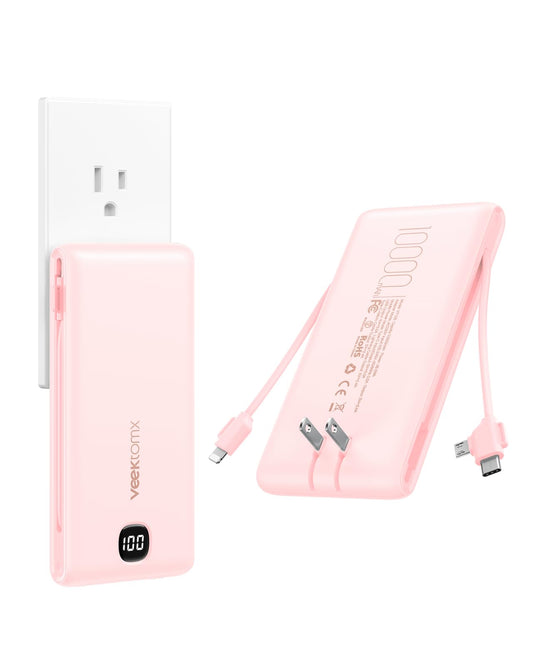 VEEKTOMX 10000mAh Portable Charger with Built-in Cables & Wall Plug