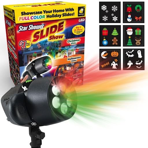 Star Shower Slide Show Full Color Projector Multi Purpose with 4 Christmas & 2 Halloween Slides Included. Weather-Resistant, Decorate for Holidays