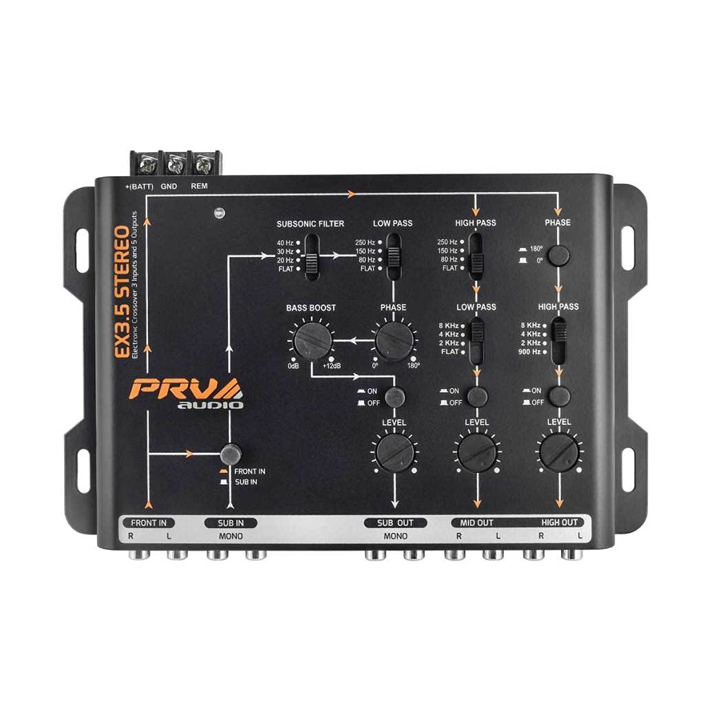 PRV AUDIO Crossover Car Audio EX3.5 Stereo 3 Way or 2 Way Electronic Crossover 9 Volts, 4 in 6 Out RCA Channels Car Sound Processor