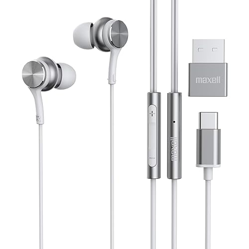 Maxell USB-C Wired Earbuds with USB-A Adapter, Built-in Microphone with Volume and Track Control, Compatible with All Devices with a USB-C and/or…