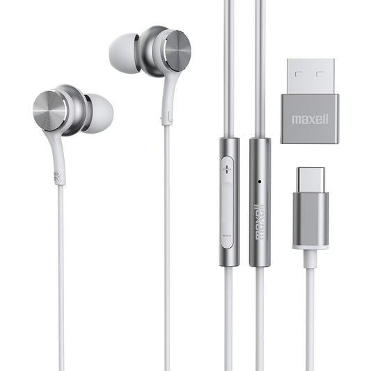 Maxell USB-C Wired Earbuds with USB-A Adapter, Built-in Microphone with Volume and Track Control, Compatible with All Devices with a USB-C and/or…