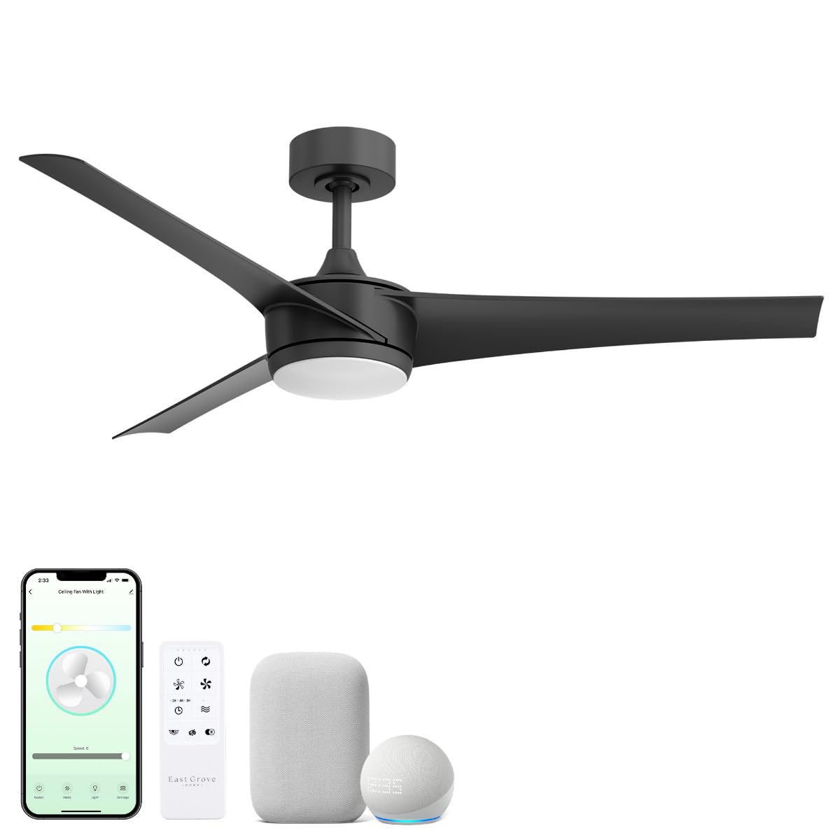 East Grove Home Velocity Indoor or Outdoor 52in 3-Blade Smart Ceiling Fan 2700K-6000K CCT Tunable Range LED Light Kit in Matte Black with Remote