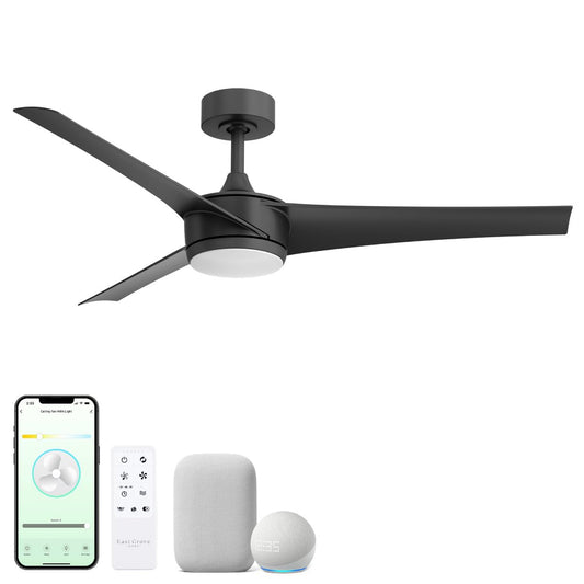 East Grove Home Velocity Indoor or Outdoor 52in 3-Blade Smart Ceiling Fan 2700K-6000K CCT Tunable Range LED Light Kit in Matte Black with Remote