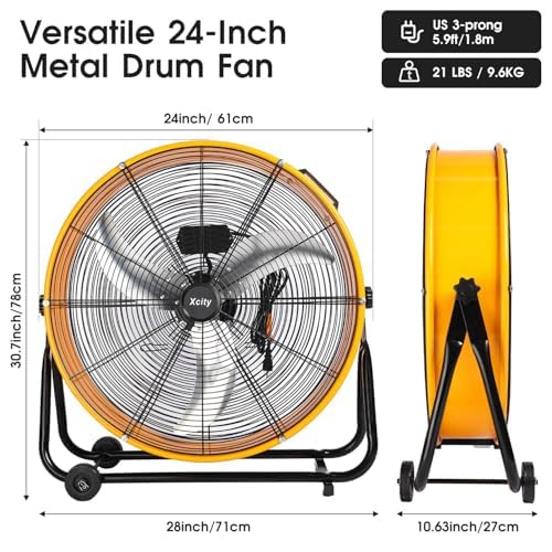 Xcity 24 Inch Heavy Duty Drum Fan, High Velocity 8700 CFM Industrial Air Circulator, 3-Speed & 360° Adjustable Tilt, Powerful Cooling for Warehouse