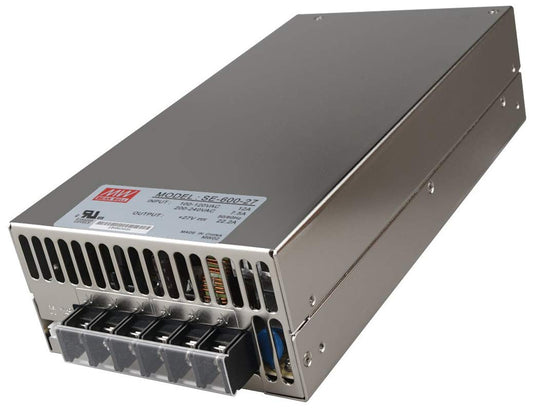 Mean Well SE-600-27 Enclosed Switching AC-to-DC Power Supply, Single Output, 27V, 0-22.2A, 599.4W, 2.5" H x 5.0" W x 9.7" L