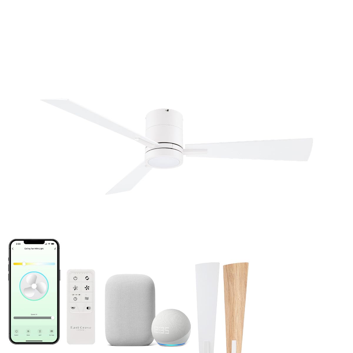 Bali 42in 3-Blade Smart Indoor or Outdoor Flush Mount Ceiling Fan 2700K-6000K CCT Tunable Range LED Light Kit in Matte White with Reversible White