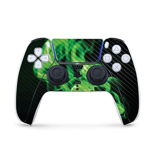 MightySkins Carbon Fiber Gaming Skin for PS5 / PlayStation 5 Controller - Green Flames | Durable Textured Carbon Fiber Finish | Easy to Apply