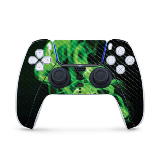 MightySkins Carbon Fiber Gaming Skin for PS5 / PlayStation 5 Controller - Green Flames | Durable Textured Carbon Fiber Finish | Easy to Apply