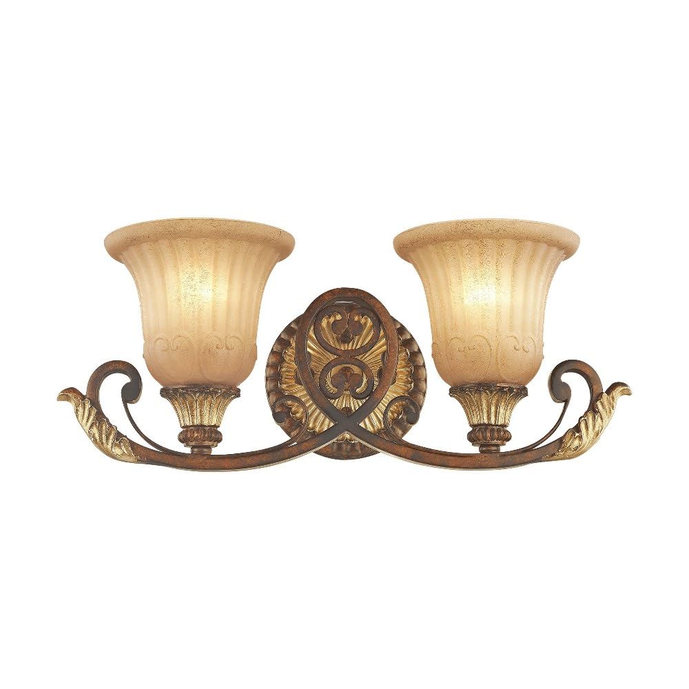 Livex Lighting 8552-63 Villa Verona 2 Light Verona Bronze Finish Vanity Bath with Aged Gold Leaf Accents and Rustic Art Glass