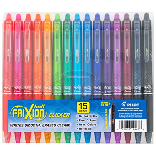 Pilot FriXion Clicker Erasable, Refillable & Retractable Gel Ink Pens Fine Point 0.7mm, Erasable Pens, Assorted Color Inks, 15-Pack Pouch