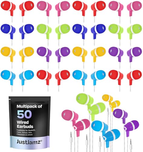 JustJamz Bulk Earbuds for Classroom, 100 Pack - 3.5mm Basic Wired Earbuds in Bulk for Students, Disposable Headphones for School Testing, Group…