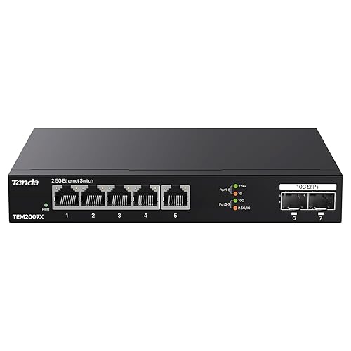 Tenda 2.5Gb Switch, 7-Port Ethernet Switch, 5 x 2.5G Ports + 2 x 10Gb SFP+ Slots, 50Gbps Switching Capacity, Plug & Play Unmanaged Ethernet Splitter
