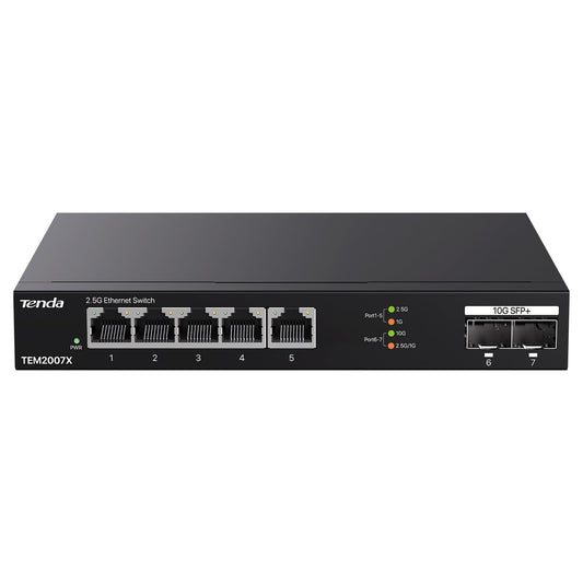 Tenda 2.5Gb Switch, 7-Port Ethernet Switch, 5 x 2.5G Ports + 2 x 10Gb SFP+ Slots, 50Gbps Switching Capacity, Plug & Play Unmanaged Ethernet Splitter