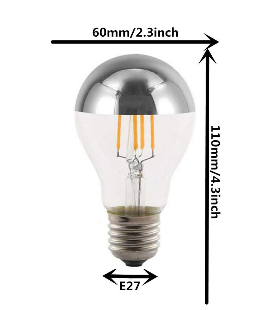 Half Chrome Light Bulb A60 4W(40W Equivalent) E27 Base LED Filament Vintage Edison Bulb with Mirror Half Chrome Silver Bulb,for Bathroom Kitchen