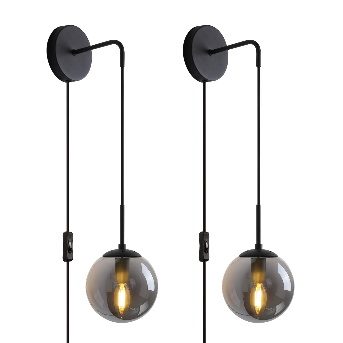 KUZZULL Wall Sconces Set of Two Matte Black Wall Lights for Bedroom Plug in Wall Sconces Set of 2 with Globe Smoke Grey Glass Shade Wall Lamp