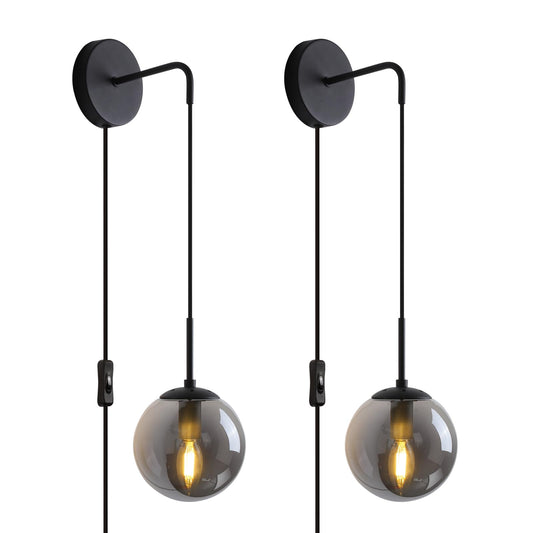 KUZZULL Wall Sconces Set of Two Matte Black Wall Lights for Bedroom Plug in Wall Sconces Set of 2 with Globe Smoke Grey Glass Shade Wall Lamp