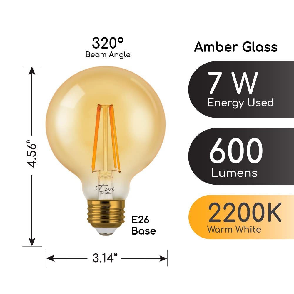 Euri Lighting VG25-3020ea, Dimmable LED G25 Globe Filament, 7W (75W Equal), Warm White (2200K), 600lm, 80CRI, 320° Beam, Amber, E26, 120V, Wet Rated