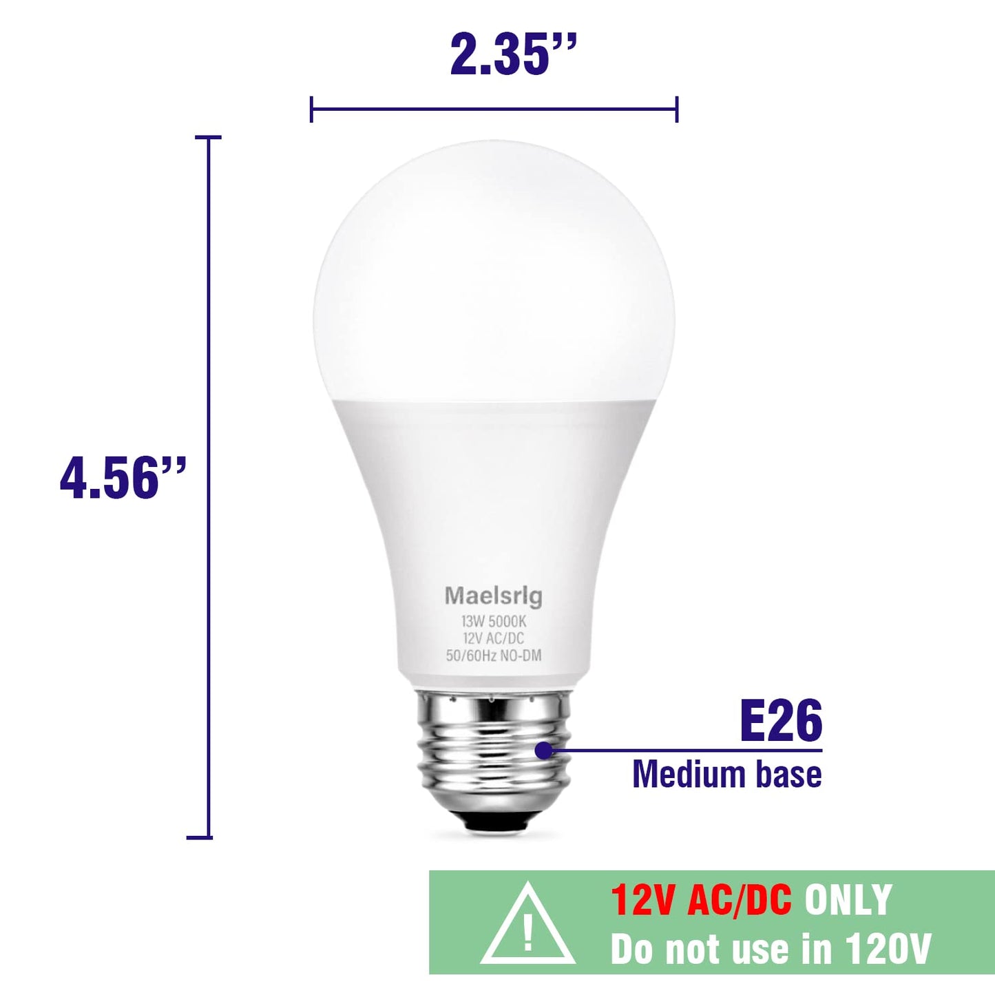 LED 12V Light Bulb, 100W Equivalent, Daylight White 5000K, 13W 1200 Lumens, 12 Volt AC/DC, Non-Dimmable E26 Base, Low Voltage Light Bulbs for Boat