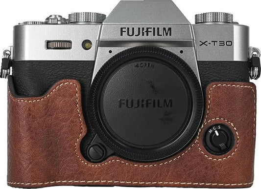 BMAOLLONGB X-T30 III Case, Handmade PU Litchi Leather Half Camera Case Bag Cover Bottom Opening Version for Fujifilm XT30 X-T30 III/II With Hand Strap