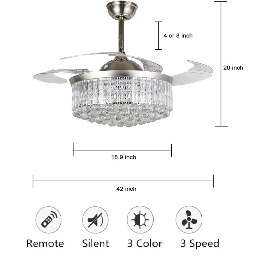 Cretifity Crystal Chandelier Fan with Light, 42" Modern Fandelier Ceiling Fan with Retractable Blades and Remote Control, 3 Speed and Light Adjustable