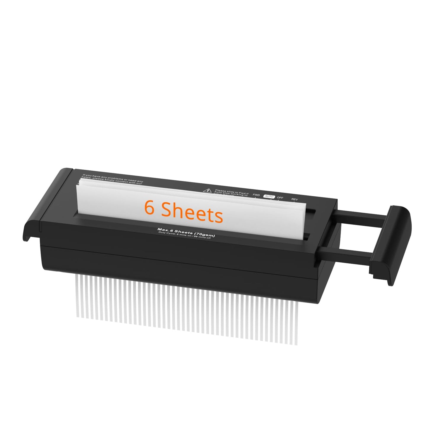 6-Sheet Strip Cut Paper for Home Office, Small Paper Shredder with Auto-Off Compact, Portable Design, No Basket, Extendable Arm, Black