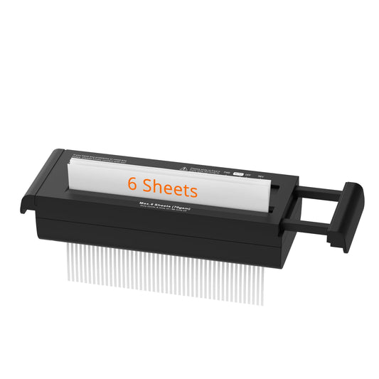 6-Sheet Strip Cut Paper for Home Office, Small Paper Shredder with Auto-Off Compact, Portable Design, No Basket, Extendable Arm, Black