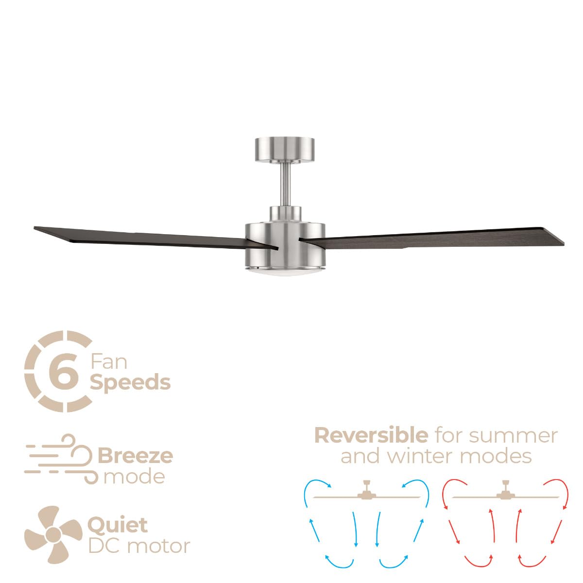 Santorini 4-Blade 52in Smart Indoor or Outdoor Ceiling Fan 2700K-6000K CCT Tunable Range LED Light Kit in Brushed Nickel with Reversible Black