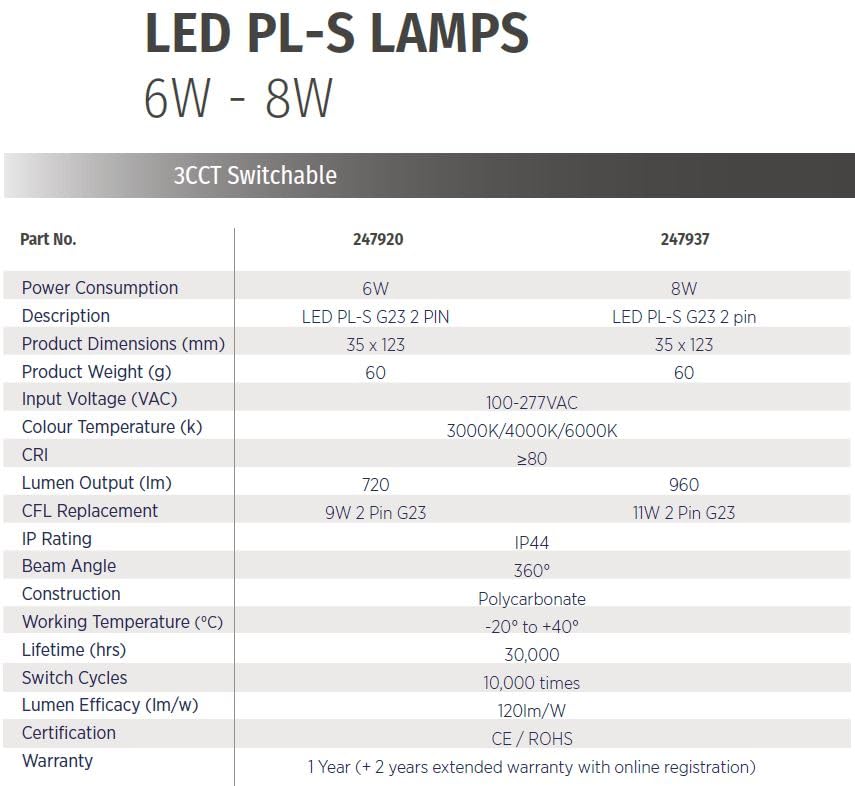 Bright Source LED PL-S Retrofit Compact Bulb, CFL Replacement, G23 2-pin Socket Base, 8W, 960lm, IP44, 3CCT Adjustable Light Colour 3000K 4000K 6000K