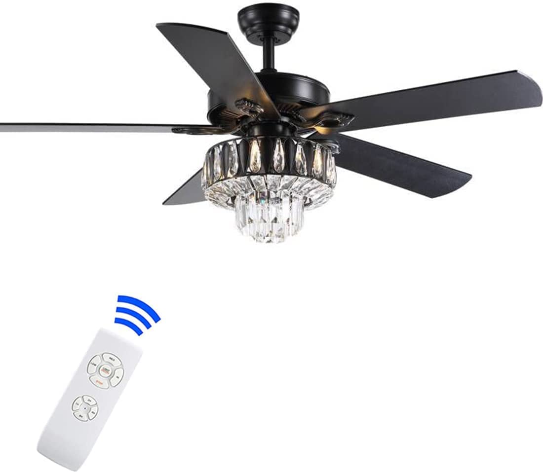ONELLH 52'' Ceiling Fans with Lights with 3-Speed Indoor Chandelier Ceiling Fans with Crystal Lampshade, Matt Black Reversible Fandelier Fan