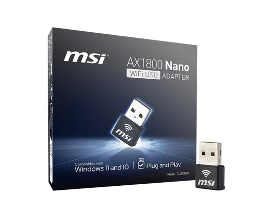 MSI AX1800 Nano WiFi USB Adapter - WiFi 6, up to 1800 Mbps, 2.4G/5G Dual-Band Wireless Network, WPA3 encryption, MU-MIMO, OFDMA, 2X Dual Antennas