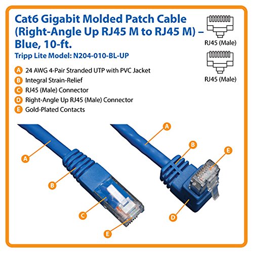 Tripp Lite Cat6 Gigabit Molded Patch Cable (RJ45 Right Angle Up M to RJ45 M) Blue, 10-ft.(N204-010-BL-UP)