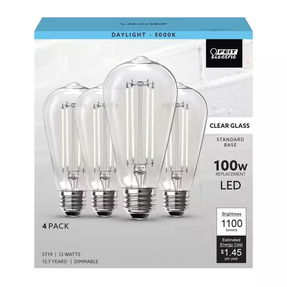 Feit Electric 100-Watt Equivalent ST19 Dimmable Straight Filament Clear Glass E26 Vintage Edison LED Light Bulb, Daylight (4-Pack)