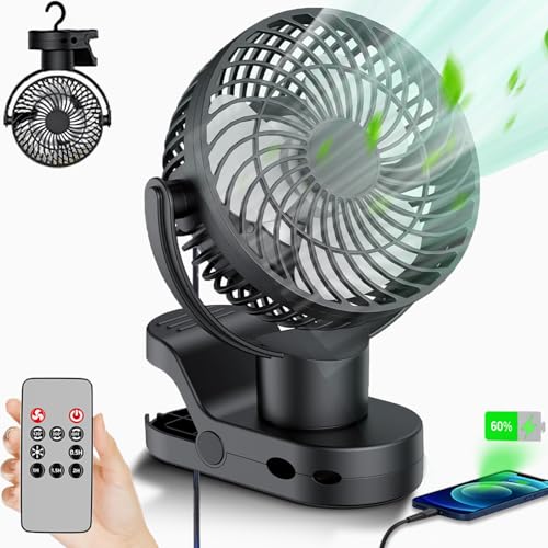 Leeyalan 10000mAh Clip on Fan Rechargeable,2024 Updated,Hangable Fan with Lights and Remote, Desk Fan USB Plug in with Sturdy Clamp,3 Speeds,Mute