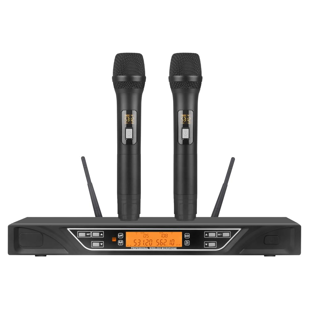 Doslnlya NG-9 UHF Dual Wireless Microphone System with 2 Handheld Dynamic Microphones, Professional Grade Anti-Interference, Two Handed Mic One Touch