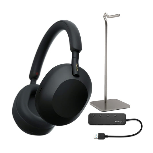 Sony WH-1000XM5 Wireless Noise Canceling Over-Ear Headphones (Black) Bundle with 4-Port USB 3.0 Hub and Alloy Headphone Stand (3 Items)