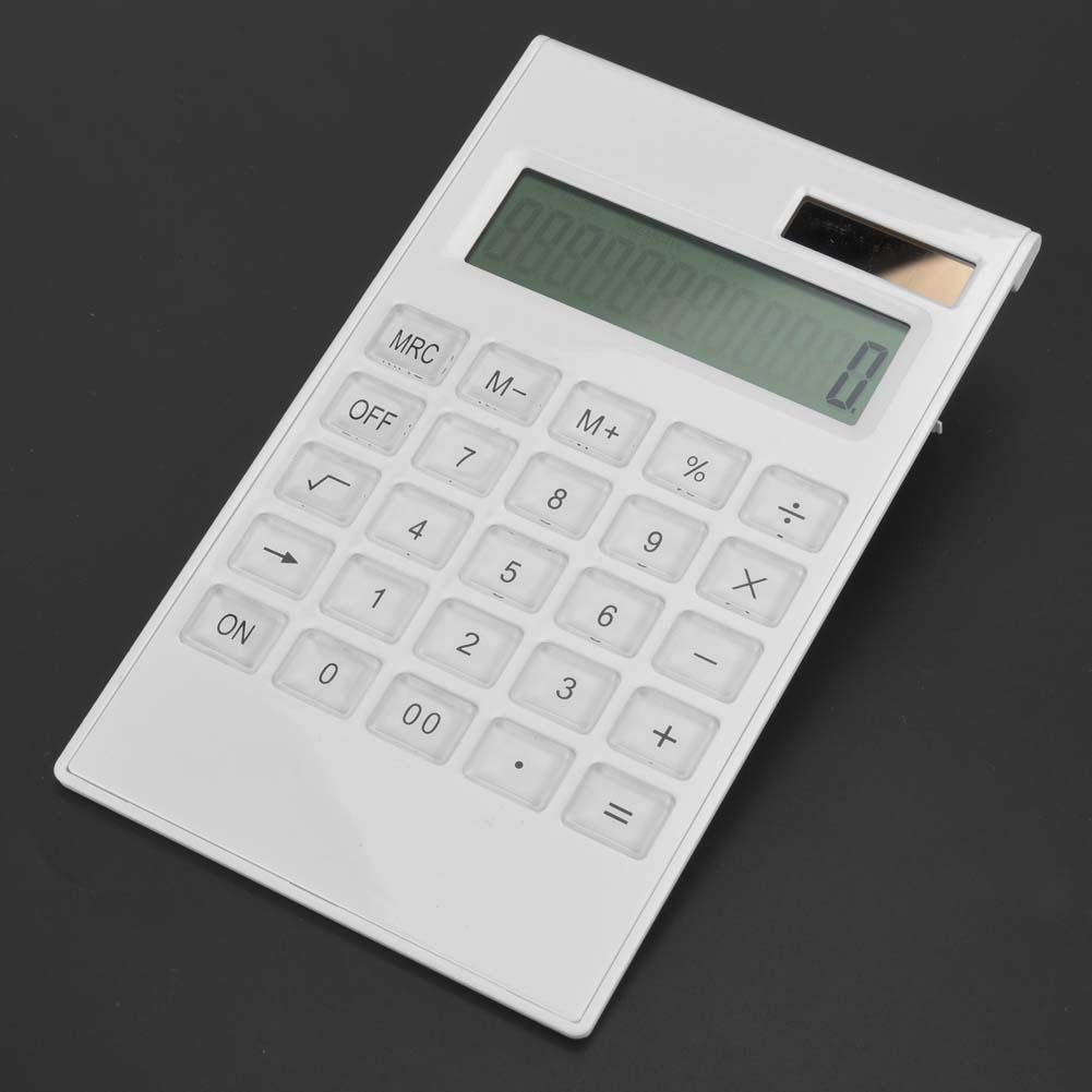 Slim Calculator, 12-Digit Electronic Calculator Lightweight Design Solar and Battery Powered White for Office and Student Use